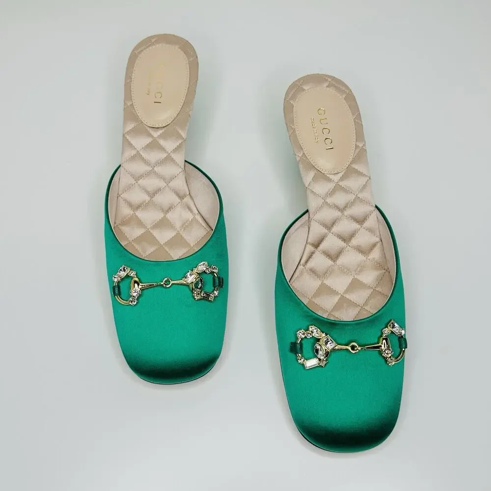 NIB Gucci Horsebit Crystals Satin Mules IT 36 US 6 Slip On Emerald Green Sandal - Picture 3 of 15